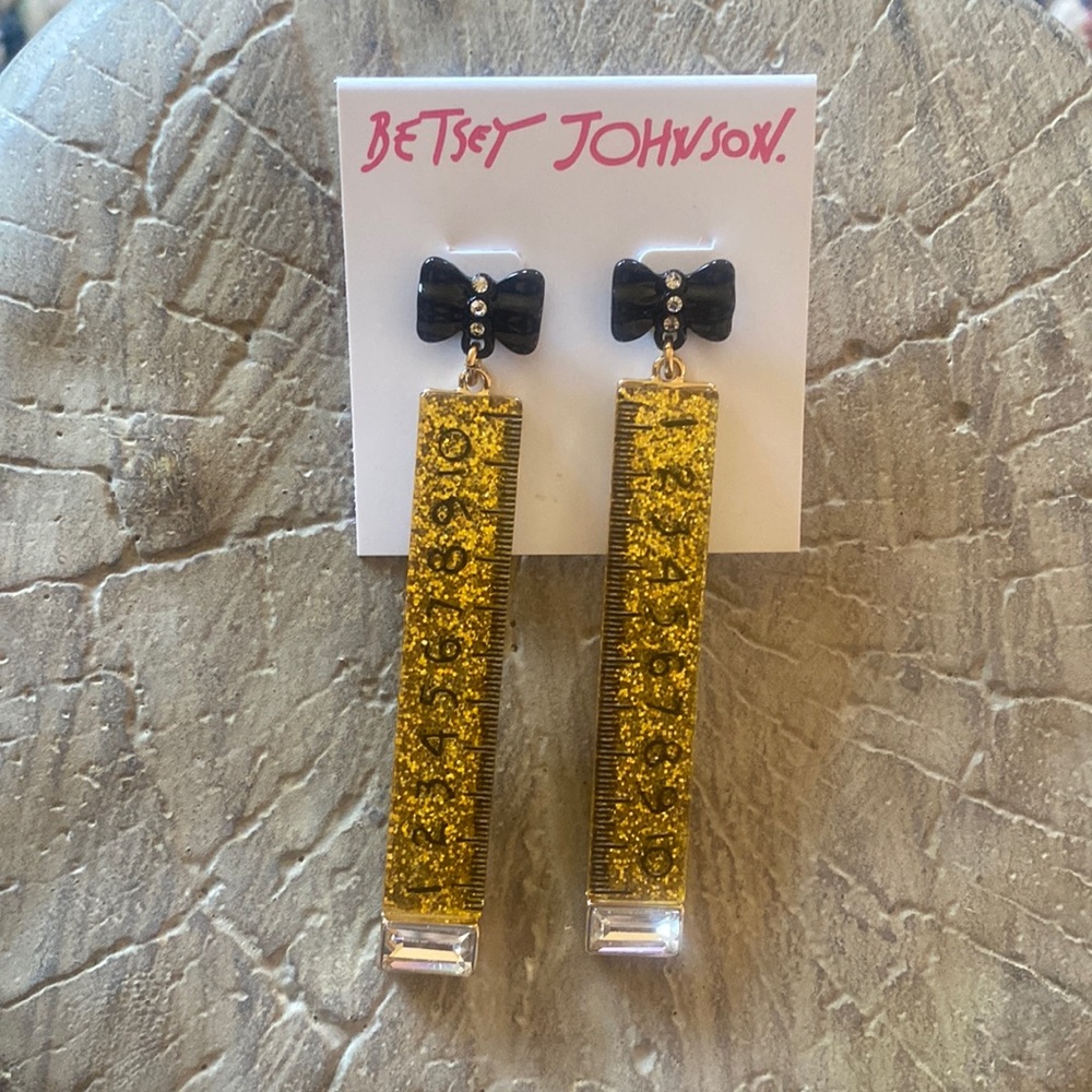 Betsey Johnson Back to School Ruler Bow Glitter Earrings NWT